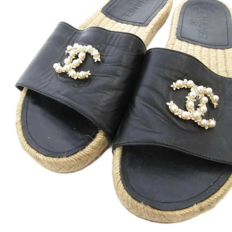 Chanel Espadrille Sandals Coco Marc Pearl Bijoux 38 Black Black UO - GY18