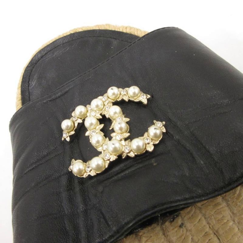 Chanel Espadrille Sandals Coco Marc Pearl Bijoux 38 Black Black UO - GY18