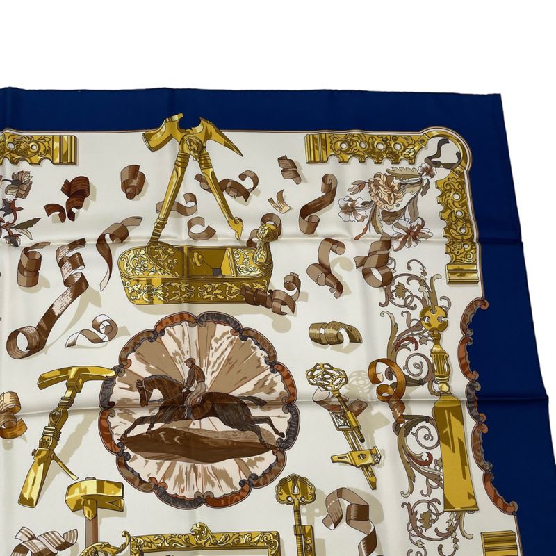 Hermes Scarf Silk Carre 90 Copeaux Sawdust Horse Pattern Tool Beige Navy White
