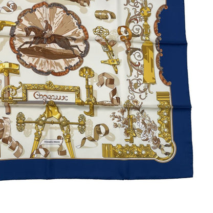 Hermes Scarf Silk Carre 90 Copeaux Sawdust Horse Pattern Tool Beige Navy White