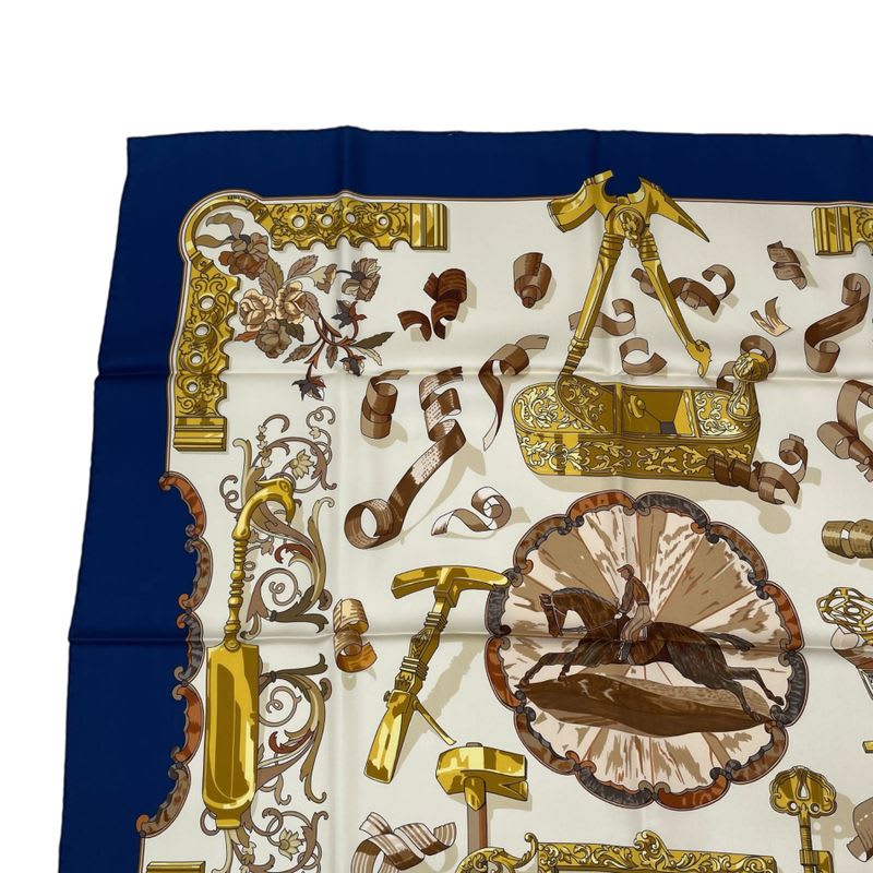 Hermes Scarf Silk Carre 90 Copeaux Sawdust Horse Pattern Tool Beige Navy White