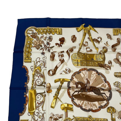Hermes Scarf Silk Carre 90 Copeaux Sawdust Horse Pattern Tool Beige Navy White