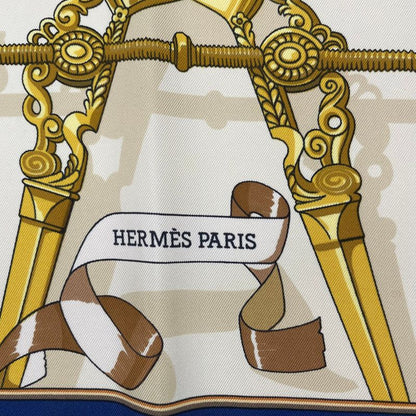 Hermes Scarf Silk Carre 90 Copeaux Sawdust Horse Pattern Tool Beige Navy White