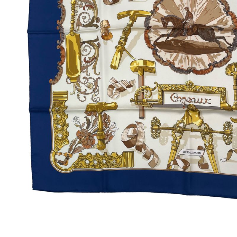 Hermes Scarf Silk Carre 90 Copeaux Sawdust Horse Pattern Tool Beige Navy White