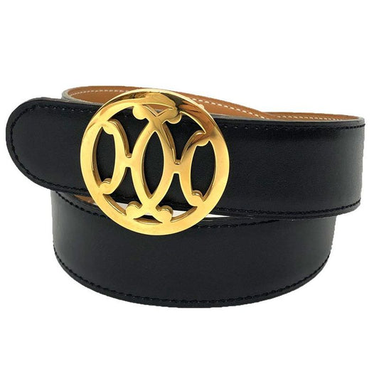Hermes Double H Belt 65 Size Z Engraved Black Gold Hardware Vintage Antique