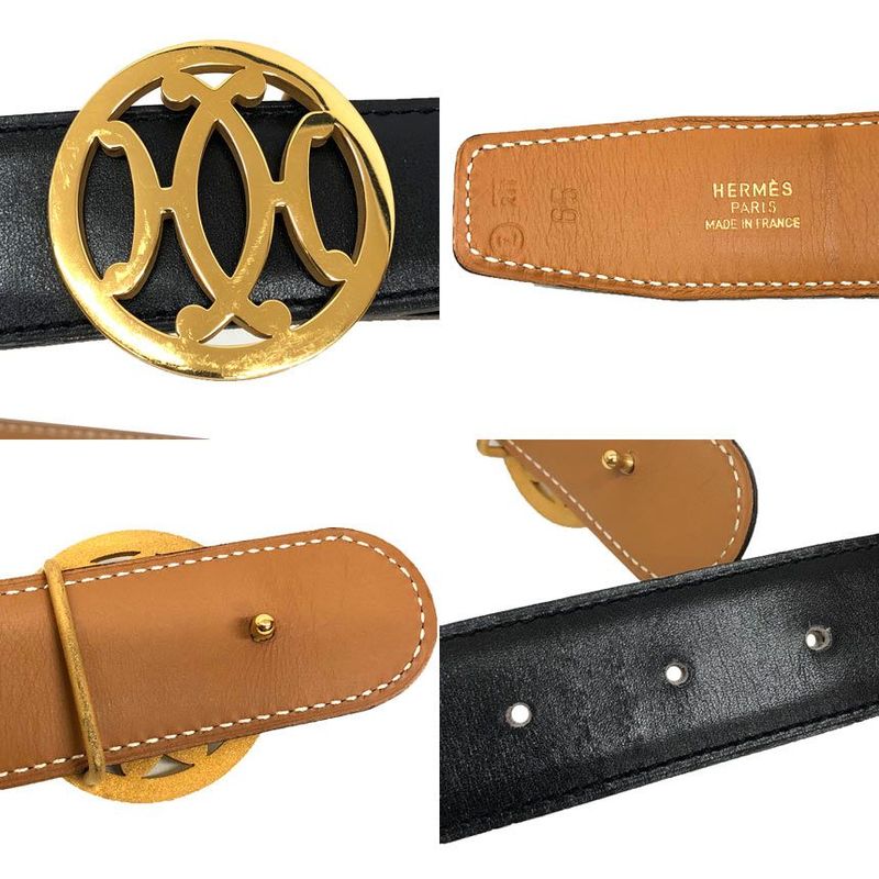 Hermes Double H Belt 65 Size Z Engraved Black Gold Hardware Vintage Antique