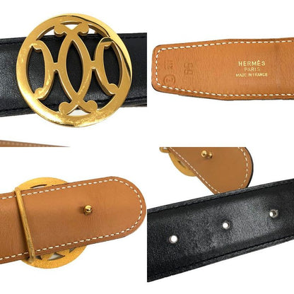 Hermes Double H Belt 65 Size Z Engraved Black Gold Hardware Vintage Antique