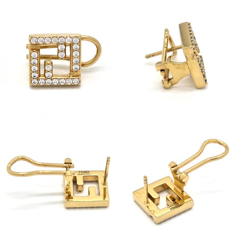 Fendi Forever Earrings FF Motif White Crystal Zirconia Gold Polished