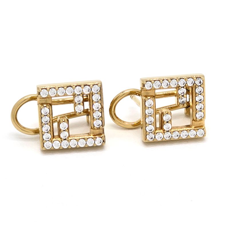 Fendi Forever Earrings FF Motif White Crystal Zirconia Gold Polished