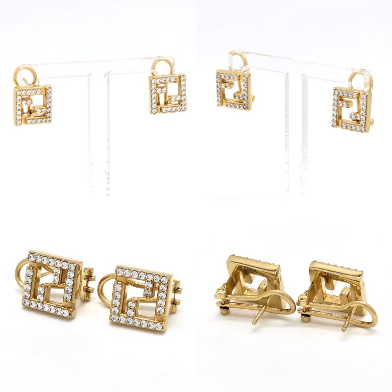 Fendi Forever Earrings FF Motif White Crystal Zirconia Gold Polished