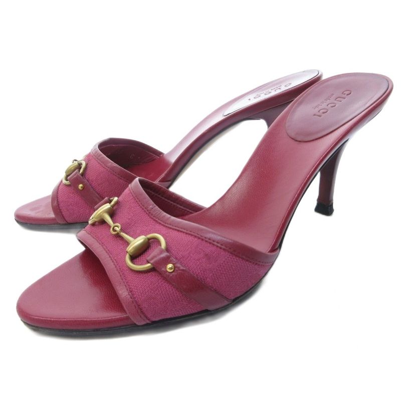 Gucci Horsebit GG Canvas Sandals Mules High Heels Leather Red Purple Bordeaux