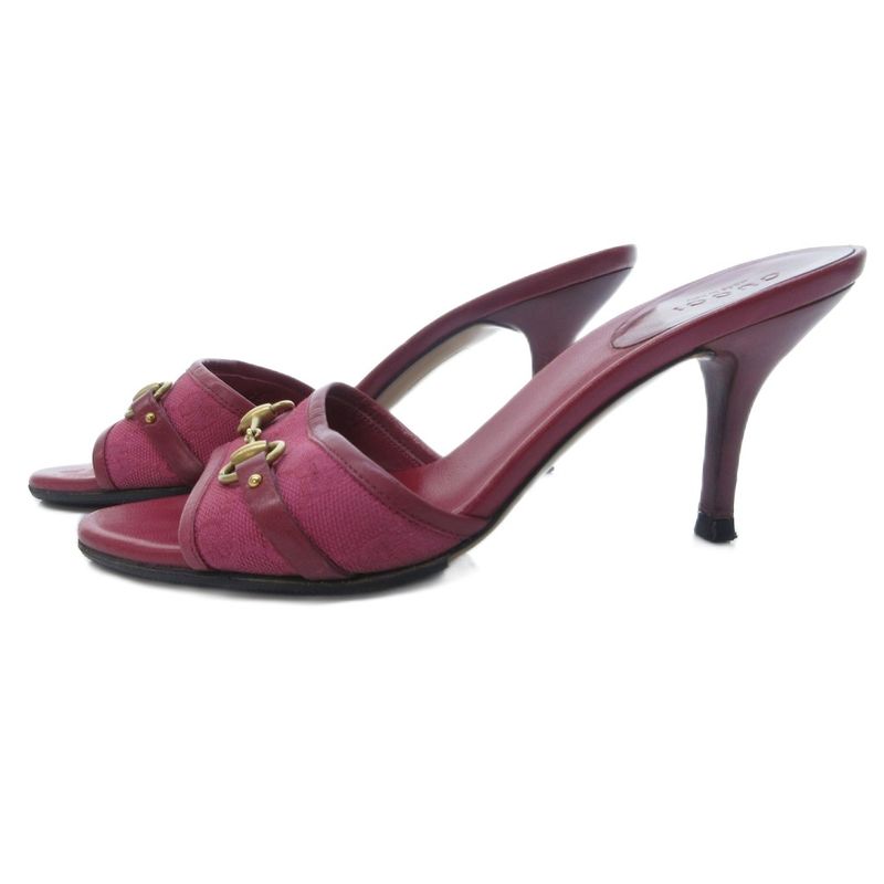 Gucci Horsebit GG Canvas Sandals Mules High Heels Leather Red Purple Bordeaux