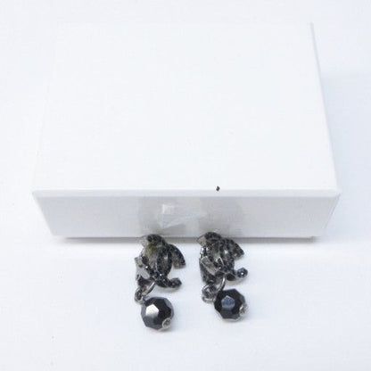 Chanel 04A Coco Mark Black Stone Earrings With Swing Logo Design Silver Color