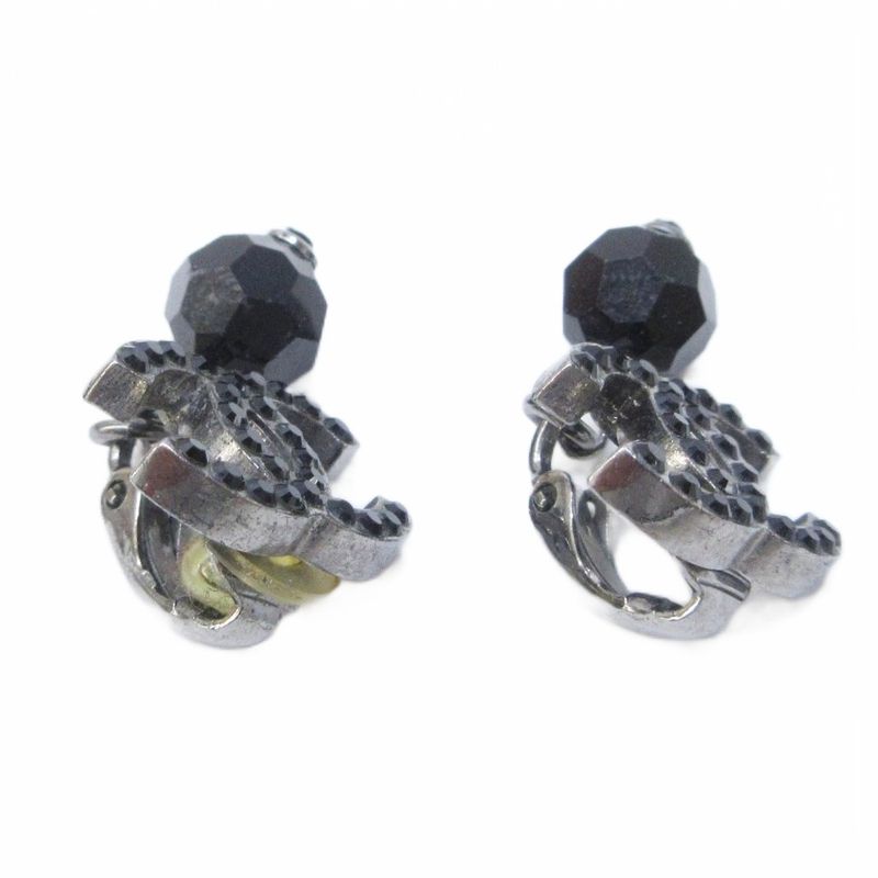 Chanel 04A Coco Mark Black Stone Earrings With Swing Logo Design Silver Color