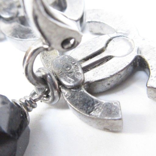 Chanel 04A Coco Mark Black Stone Earrings With Swing Logo Design Silver Color