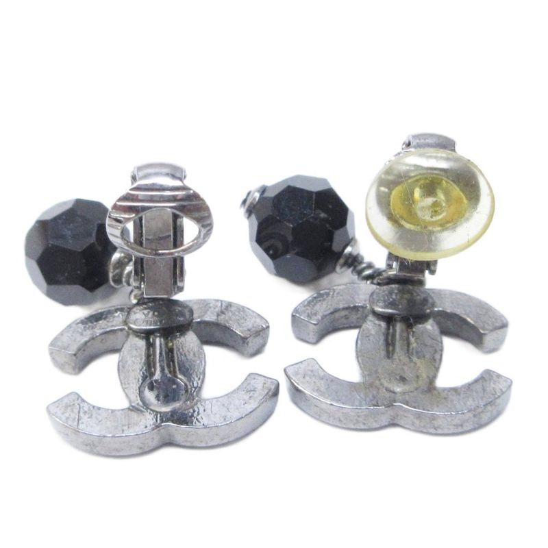 Chanel 04A Coco Mark Black Stone Earrings With Swing Logo Design Silver Color