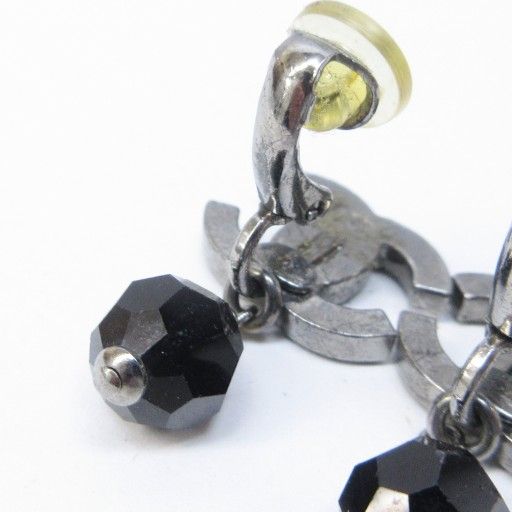 Chanel 04A Coco Mark Black Stone Earrings With Swing Logo Design Silver Color