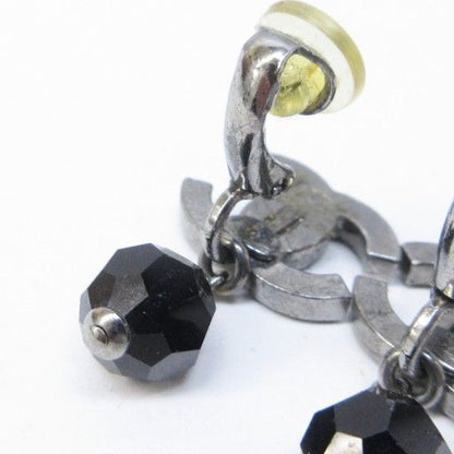 Chanel 04A Coco Mark Black Stone Earrings With Swing Logo Design Silver Color