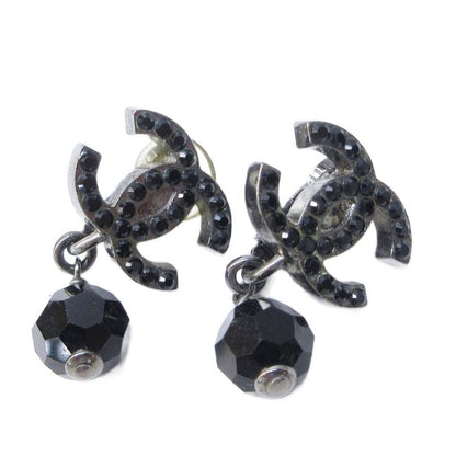Chanel 04A Coco Mark Black Stone Earrings With Swing Logo Design Silver Color