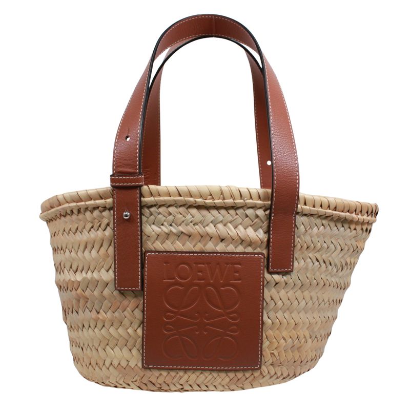 Loewe Basket Bag Small Leather X Raffia Brown X Beige Handbag Silver 32702s93