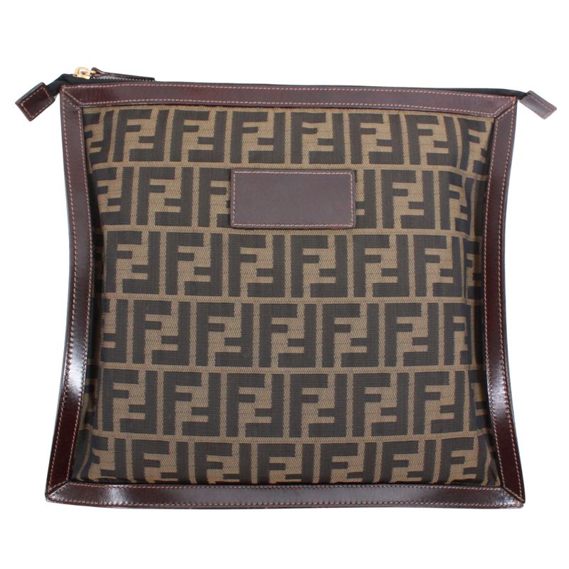 Fendi Zucca Leather and Canvas Brown Clutch Bag Gold