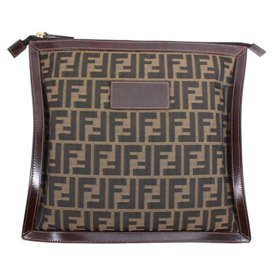 Fendi Zucca Leather and Canvas Brown Clutch Bag Gold
