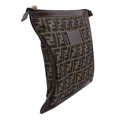 Fendi Zucca Leather and Canvas Brown Clutch Bag Gold