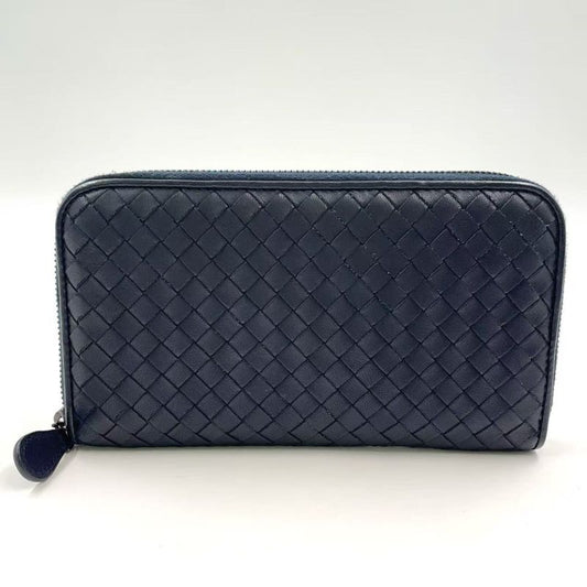 Bottega Veneta Intrecciato Round Zipper Leather Black Wallet Black
