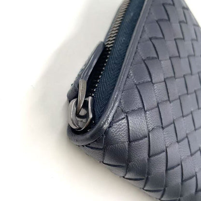 Bottega Veneta Intrecciato Round Zipper Leather Black Wallet Black