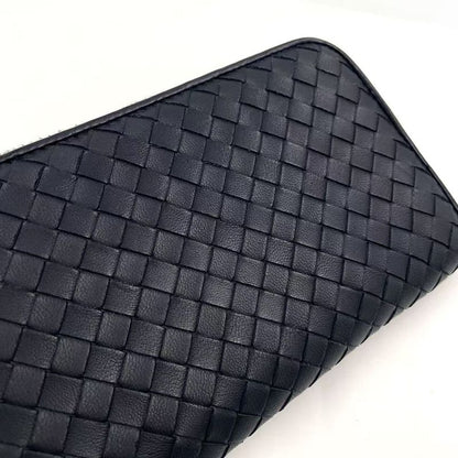 Bottega Veneta Intrecciato Round Zipper Leather Black Wallet Black