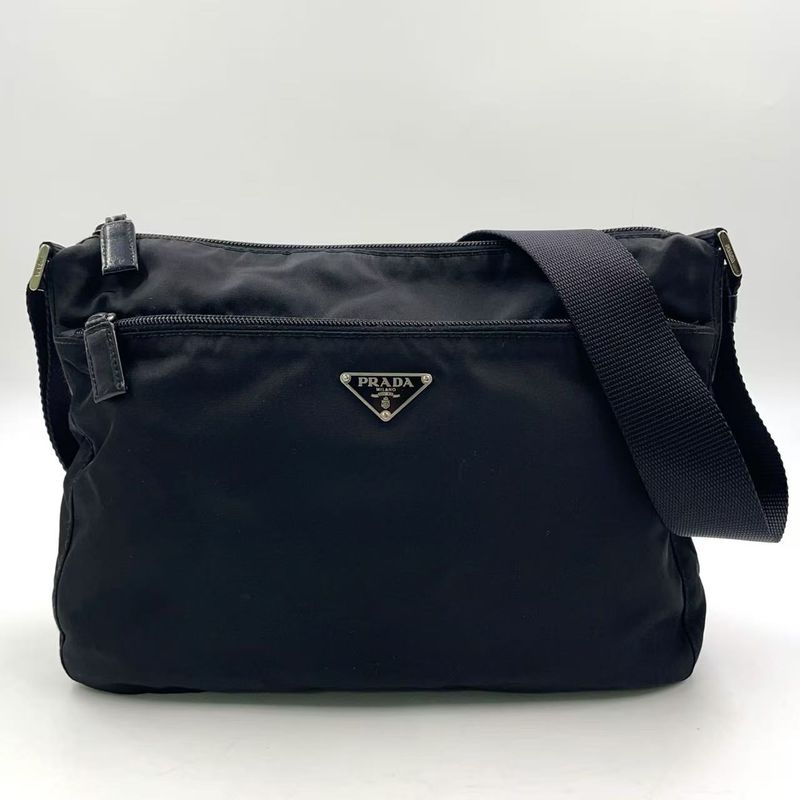 Prada Vera Triangle Logo Nylon and Saffiano Leather Black Shoulder Bag Silver