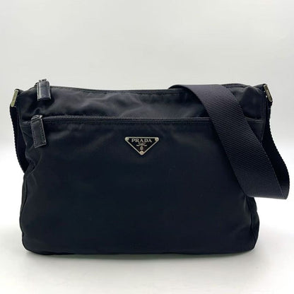 Prada Vera Triangle Logo Nylon and Saffiano Leather Black Shoulder Bag Silver