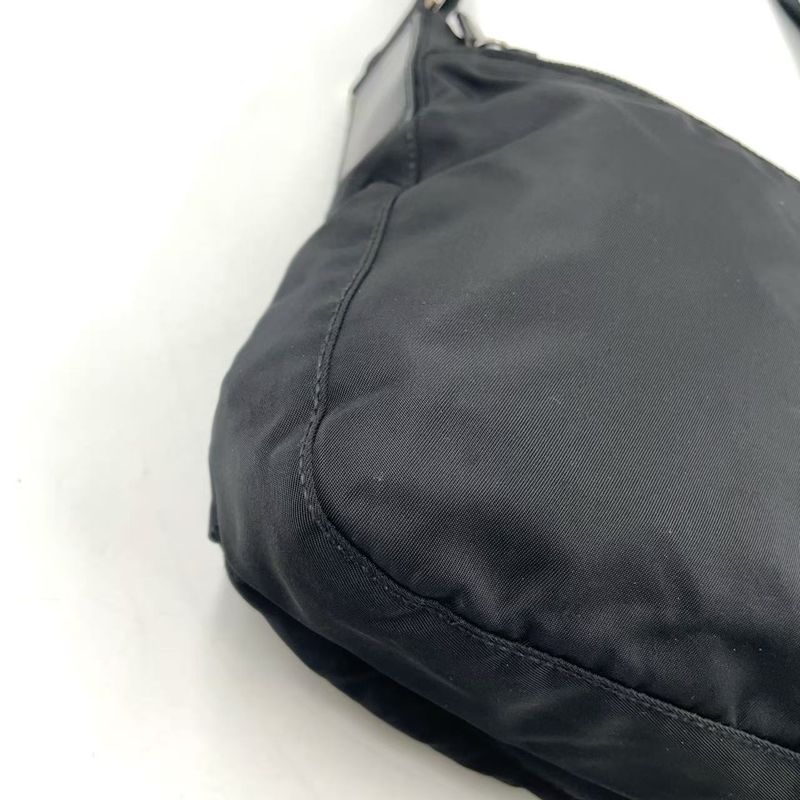 Prada Vera Triangle Logo Nylon and Saffiano Leather Black Shoulder Bag Silver