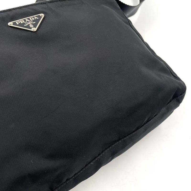Prada Vera Triangle Logo Nylon and Saffiano Leather Black Shoulder Bag Silver