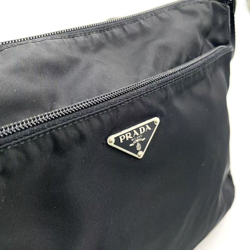 Prada Vera Triangle Logo Nylon and Saffiano Leather Black Shoulder Bag Silver