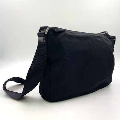 Prada Vera Triangle Logo Nylon and Saffiano Leather Black Shoulder Bag Silver