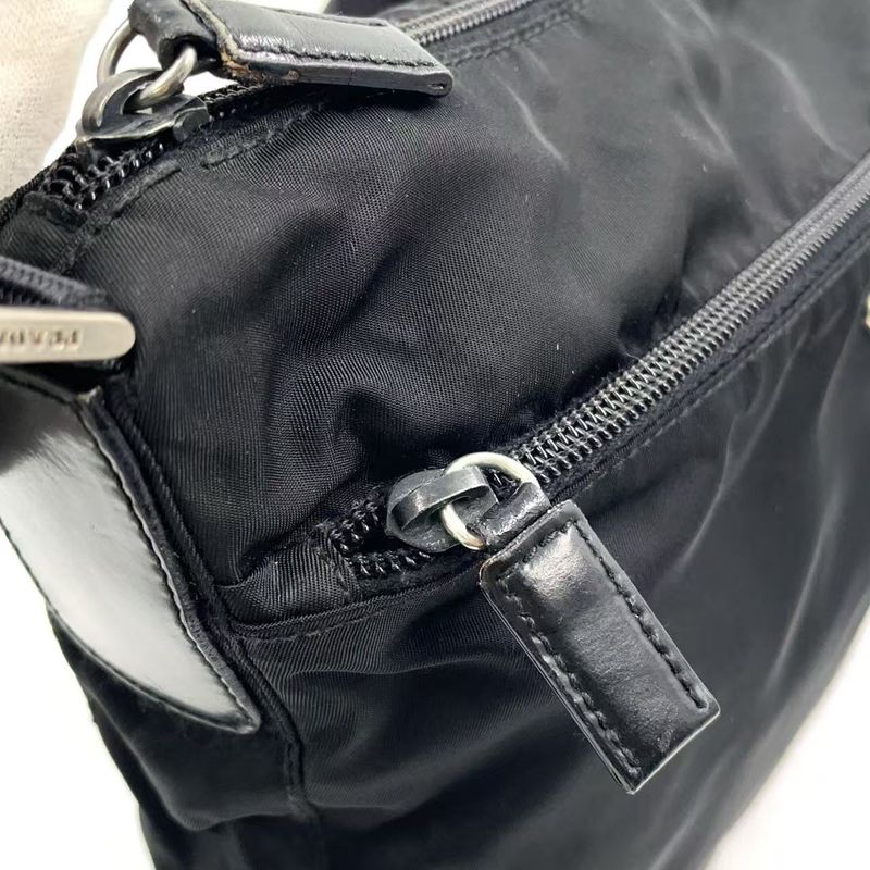 Prada Vera Triangle Logo Nylon and Saffiano Leather Black Shoulder Bag Silver