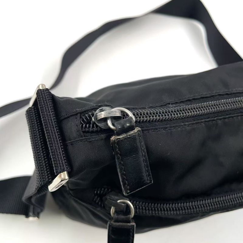 Prada Vera Triangle Logo Nylon and Saffiano Leather Black Shoulder Bag Silver