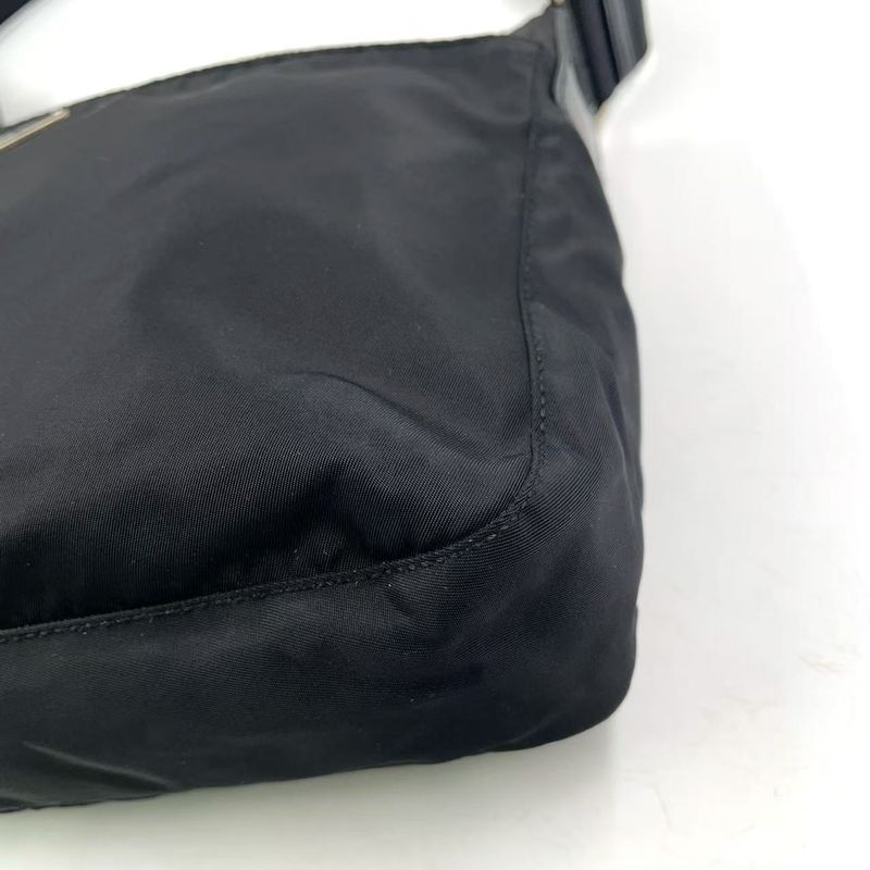 Prada Vera Triangle Logo Nylon and Saffiano Leather Black Shoulder Bag Silver