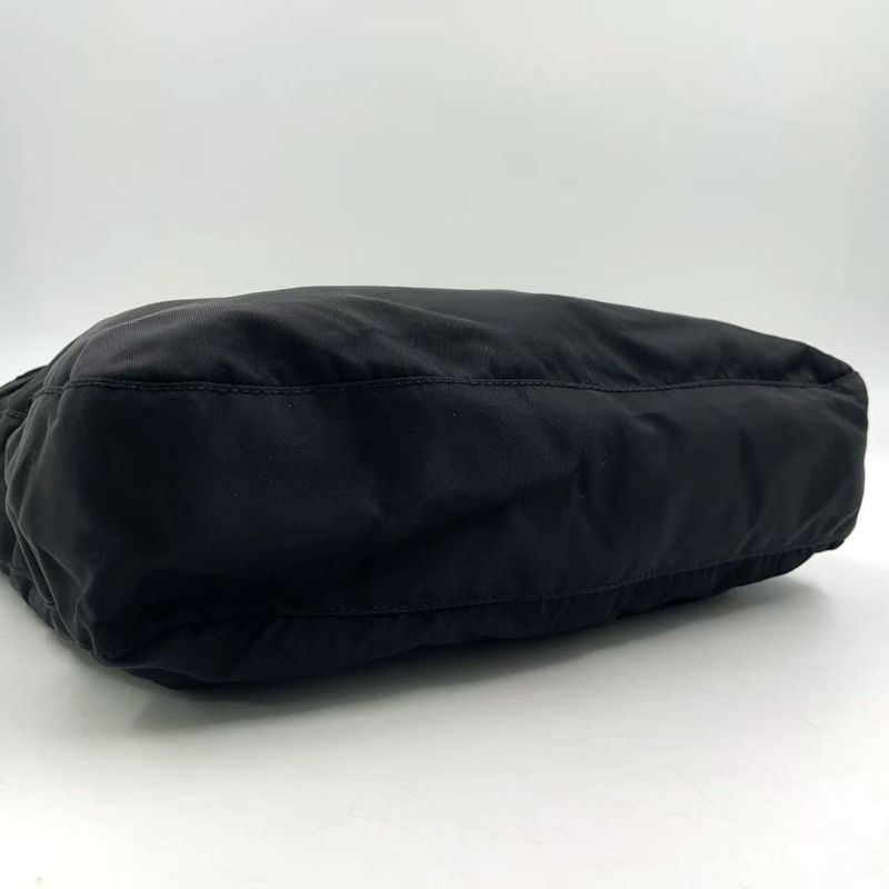 Prada Vera Triangle Logo Nylon and Saffiano Leather Black Shoulder Bag Silver