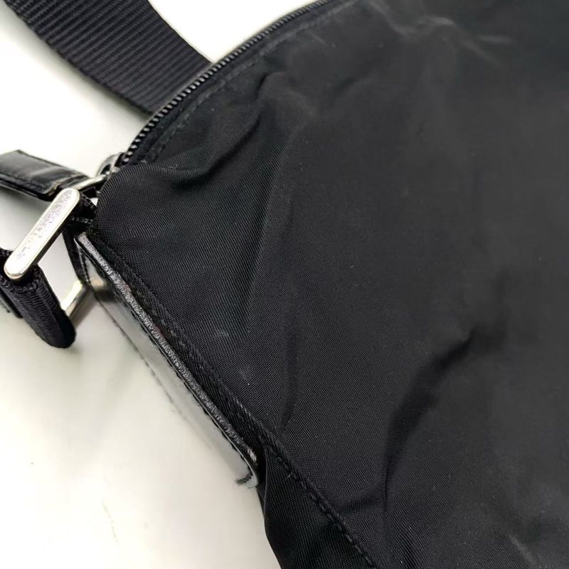 Prada Vera Triangle Logo Nylon and Saffiano Leather Black Shoulder Bag Silver