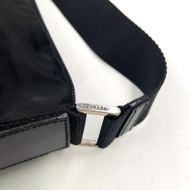 Prada Vera Triangle Logo Nylon and Saffiano Leather Black Shoulder Bag Silver