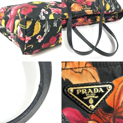 Prada Tote Bag Triangle Logo Plate Leather Nylon Black