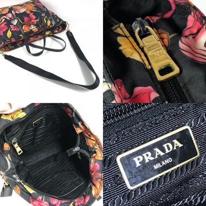 Prada Tote Bag Triangle Logo Plate Leather Nylon Black