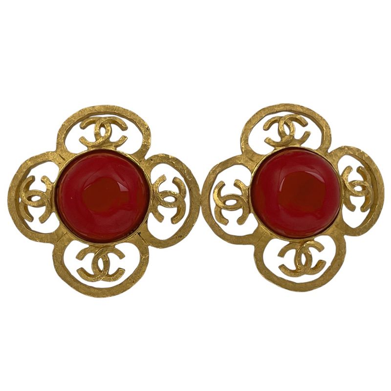 Chanel Coco Mark Earrings Gripoix Earrings GP Gold Red Ladies