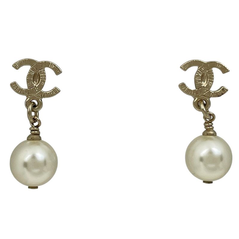 Chanel Coco Mark Earrings Swing Faux Pearl Earrings GP Gold White Ladies