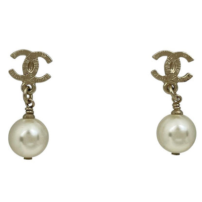 Chanel Coco Mark Earrings Swing Faux Pearl Earrings GP Gold White Ladies