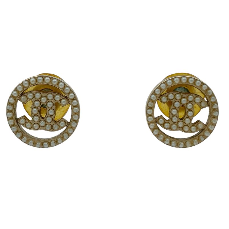 Chanel Coco Mark Faux Pearl Earrings Round Earrings GP Gold White Ladies