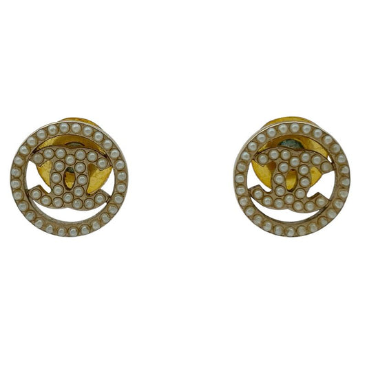 Chanel Coco Mark Faux Pearl Earrings Round Earrings GP Gold White Ladies