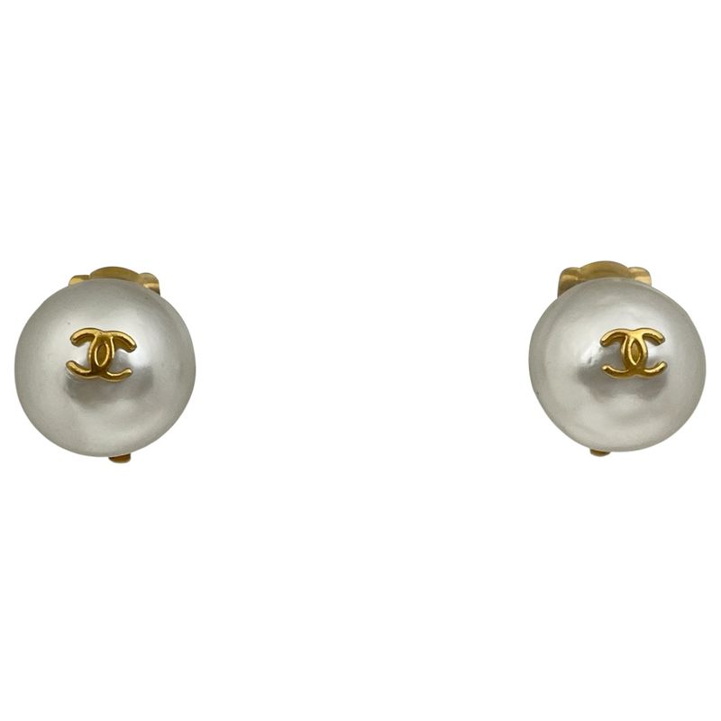 Chanel Coco Mark Faux Pearl Earrings Round Earrings GP Gold White Ladies